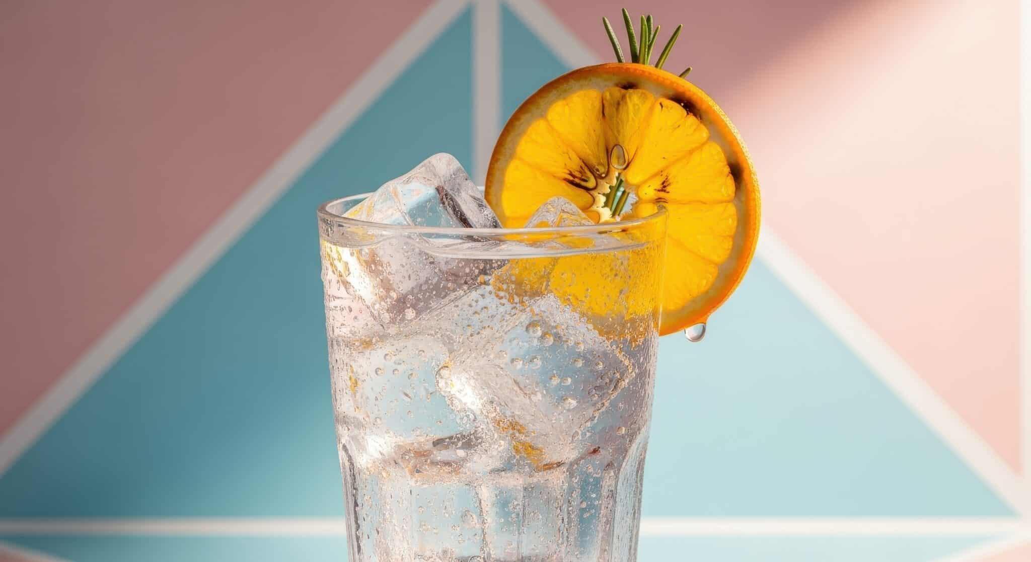 Abstract background with a glass full of ice and a lemon slice.